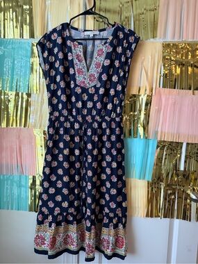 LOFT Navy Floral Embroidered Split-Neck Midi Dress